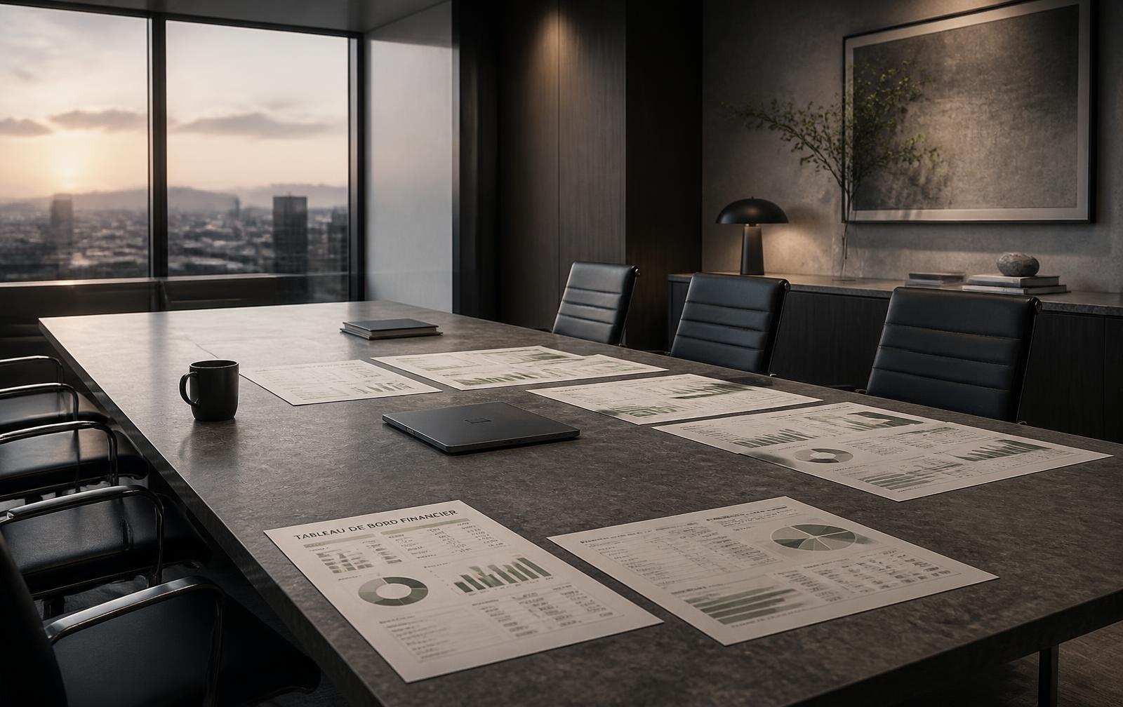 Salle de comité de direction avec tableaux de bord financiers imprimés, illustration du pilotage des coûts IA par le CFO