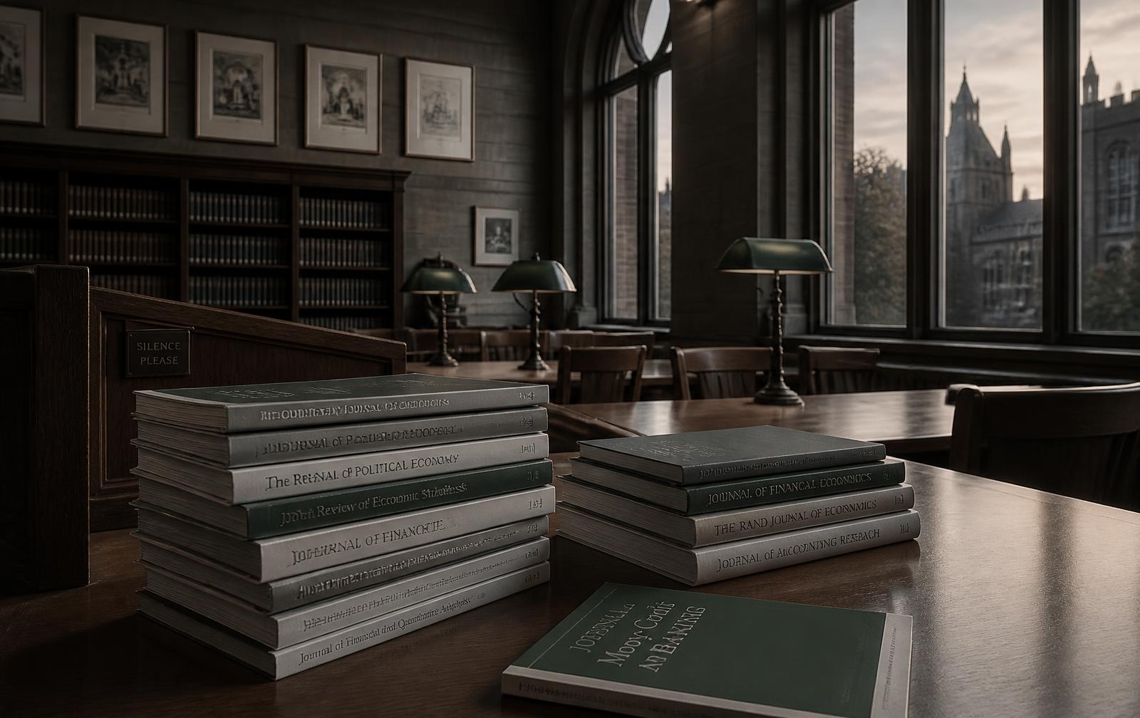 Salle de lecture universitaire au crépuscule, revues scientifiques empilées sur une table en bois, tons gris et vert profond